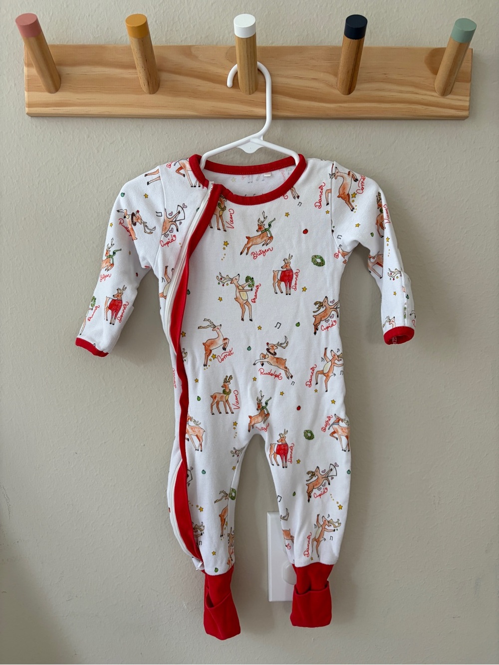 Christmas Reindeer Footed Pajamas - White with Red Trim